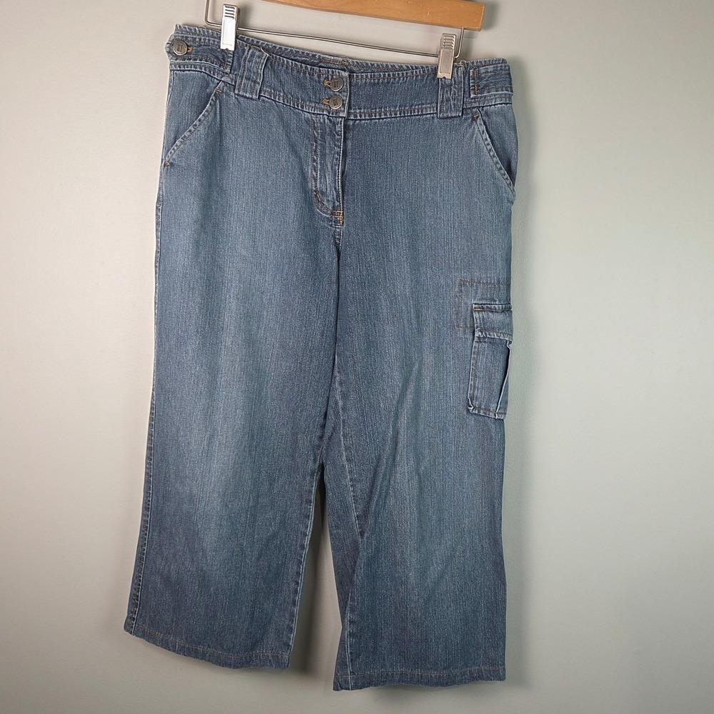New York & Company Cargo Capris Women 8 Blue Excellent Utility Denim Jeans